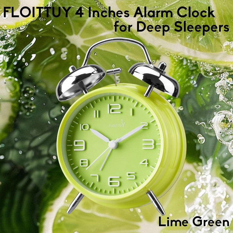 FLOITTUY منبه عالي للصغار النائمين 4'' منبه جرس مزدوج، منبه رقمي ستيريو مع إضاءة خلفية لتزيين غرفة النوم والمنزل (أخضر ليموني) - Image 2