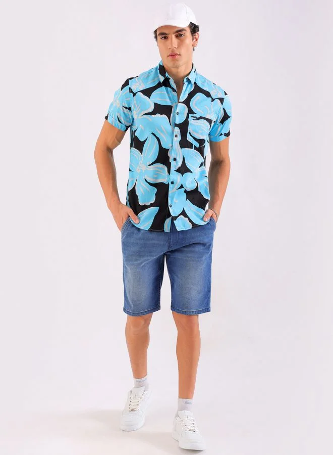 The Indian Garage Co Men Slim Fit Floral Printed Half Sleeves Spread Collar Resort Wear Shirt