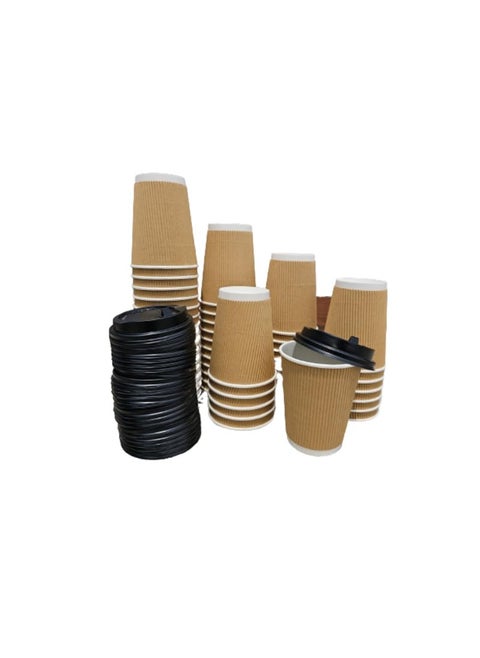 MNSA 360 ML Brown Ripple Paper Cups for Coffee Tea and Cappuccino in Party Office Events and Other with Biodigradable Sugarcan Lid Pack of 25