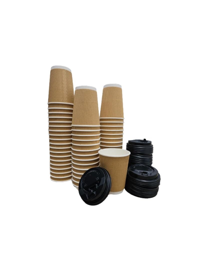 MNSA 360 ML Brown Ripple Paper Cups for Coffee Tea and Cappuccino in Party Office Events and Other with Biodigradable Sugarcan Lid Pack of 25