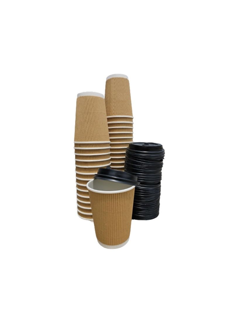 MNSA 360 ML Brown Ripple Paper Cups for Coffee Tea and Cappuccino in Party Office Events and Other with Biodigradable Sugarcan Lid Pack of 25