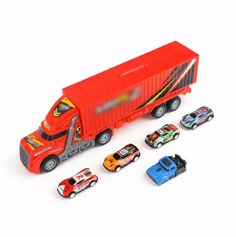 O2. Red Elastic Folding Transport Truck Playset with 4 Tinplate Racing Cars – Inertia Powered Car Carrier with Launcher - Image 1