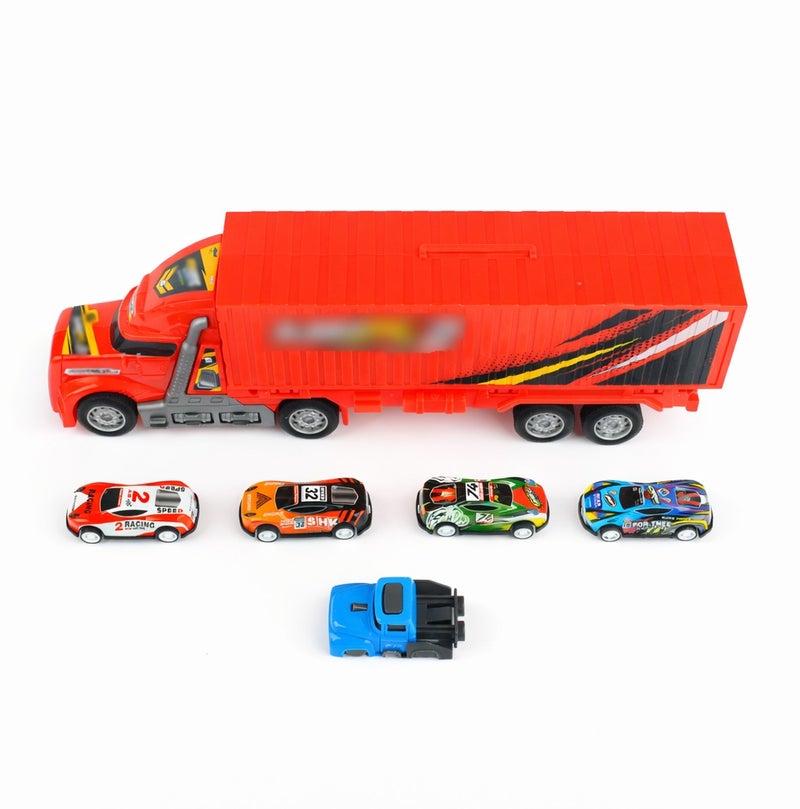 O2. Red Elastic Folding Transport Truck Playset with 4 Tinplate Racing Cars – Inertia Powered Car Carrier with Launcher - Image 2