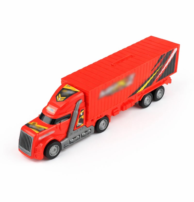O2. Red Elastic Folding Transport Truck Playset with 4 Tinplate Racing Cars – Inertia Powered Car Carrier with Launcher - Image 3