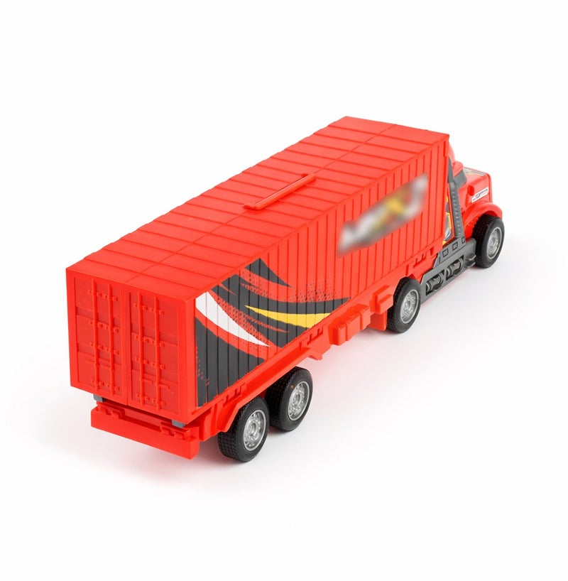 O2. Red Elastic Folding Transport Truck Playset with 4 Tinplate Racing Cars – Inertia Powered Car Carrier with Launcher - Image 5