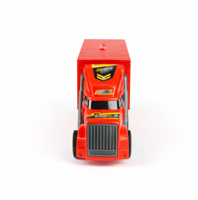 O2. Red Elastic Folding Transport Truck Playset with 4 Tinplate Racing Cars – Inertia Powered Car Carrier with Launcher - Image 4