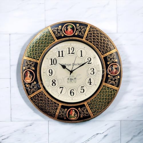 Vintage Clock Abstract Solid Pine Wood Mdf English Numerals Hand-Painted Maharaja Large Analog Wall Clock, 16X16 Inches, Multicolour - Image 5