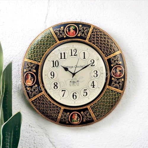 Vintage Clock Abstract Solid Pine Wood Mdf English Numerals Hand-Painted Maharaja Large Analog Wall Clock, 16X16 Inches, Multicolour - Image 2