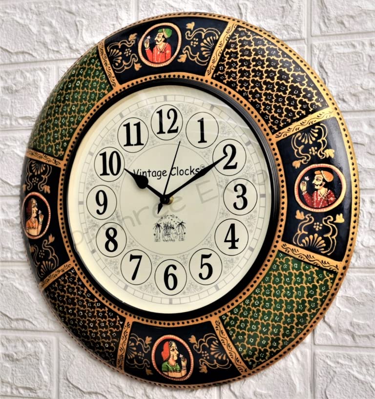 Vintage Clock Abstract Solid Pine Wood Mdf English Numerals Hand-Painted Maharaja Large Analog Wall Clock, 16X16 Inches, Multicolour - Image 3