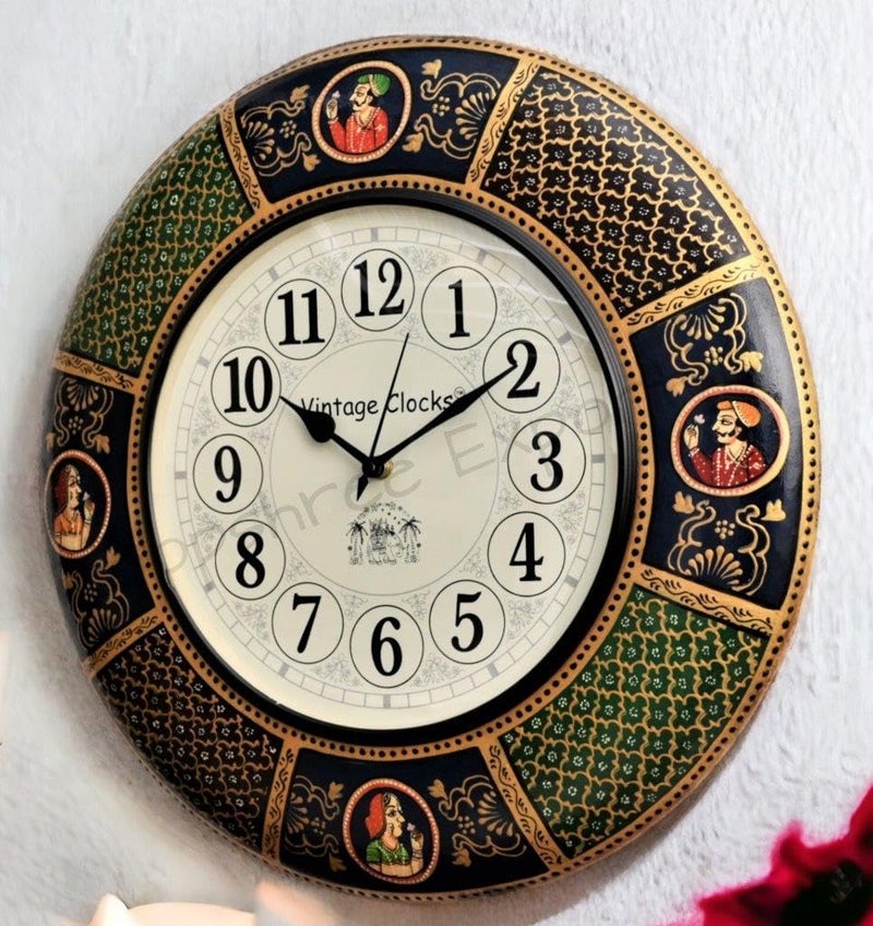 Vintage Clock Abstract Solid Pine Wood Mdf English Numerals Hand-Painted Maharaja Large Analog Wall Clock, 16X16 Inches, Multicolour - Image 1