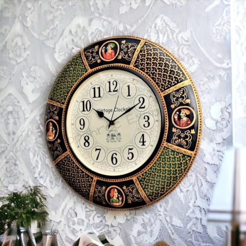 Vintage Clock Abstract Solid Pine Wood Mdf English Numerals Hand-Painted Maharaja Large Analog Wall Clock, 16X16 Inches, Multicolour - Image 4