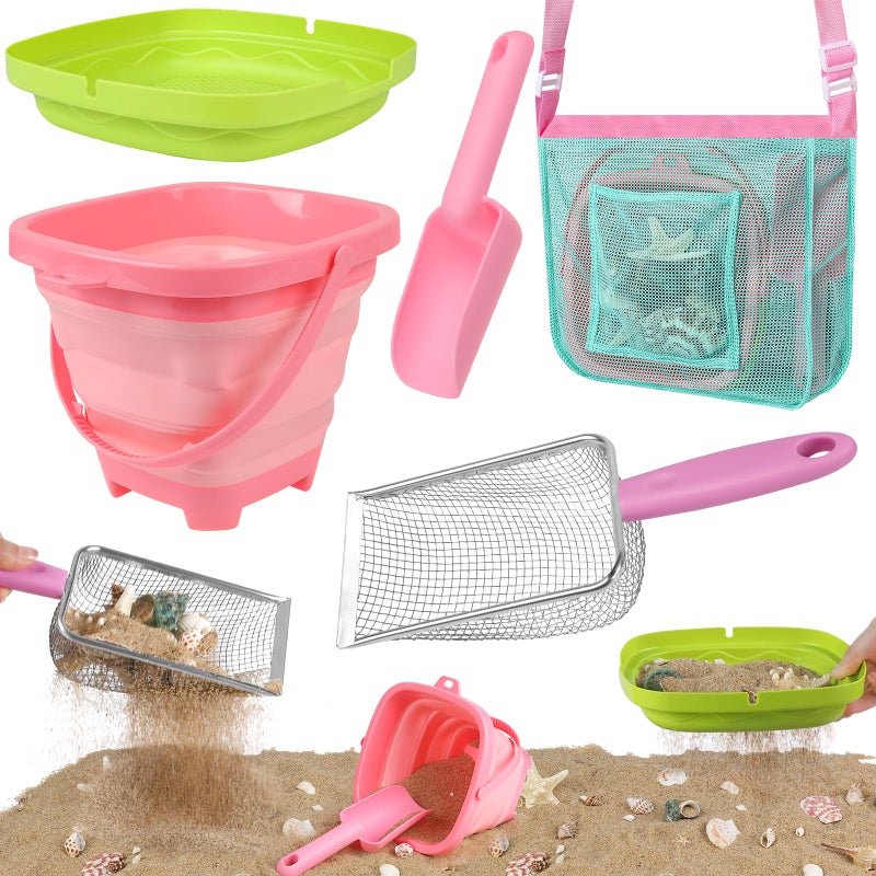 FHOZGECY Beach Toys Sand Toys with Collapsible Bucket Sand Sifter Beach Mesh Shovel Shark Tooth Sifter and Mesh Bag for Shell Collecting Sand Dipper Beach Scoop Toys for Kids Boys and Girls - Image 2
