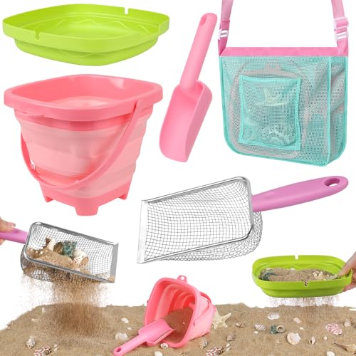 FHOZGECY Beach Toys Sand Toys with Collapsible Bucket Sand Sifter Beach Mesh Shovel Shark Tooth Sifter and Mesh Bag for Shell Collecting Sand Dipper Beach Scoop Toys for Kids Boys and Girls - Image 1