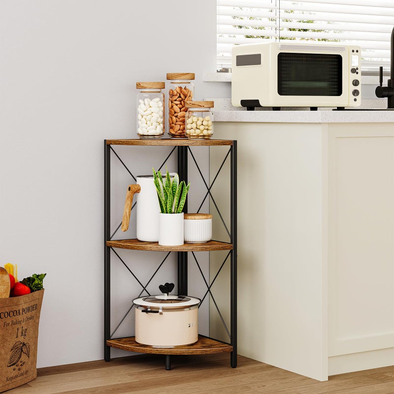 Snughome Corner Shelf with Metal Frame, 3 Tier Rustic Corner Storage Organizer, Freestanding Corner Bookshelf Stand Display Rack for Kitchen, Living Room - Image 3
