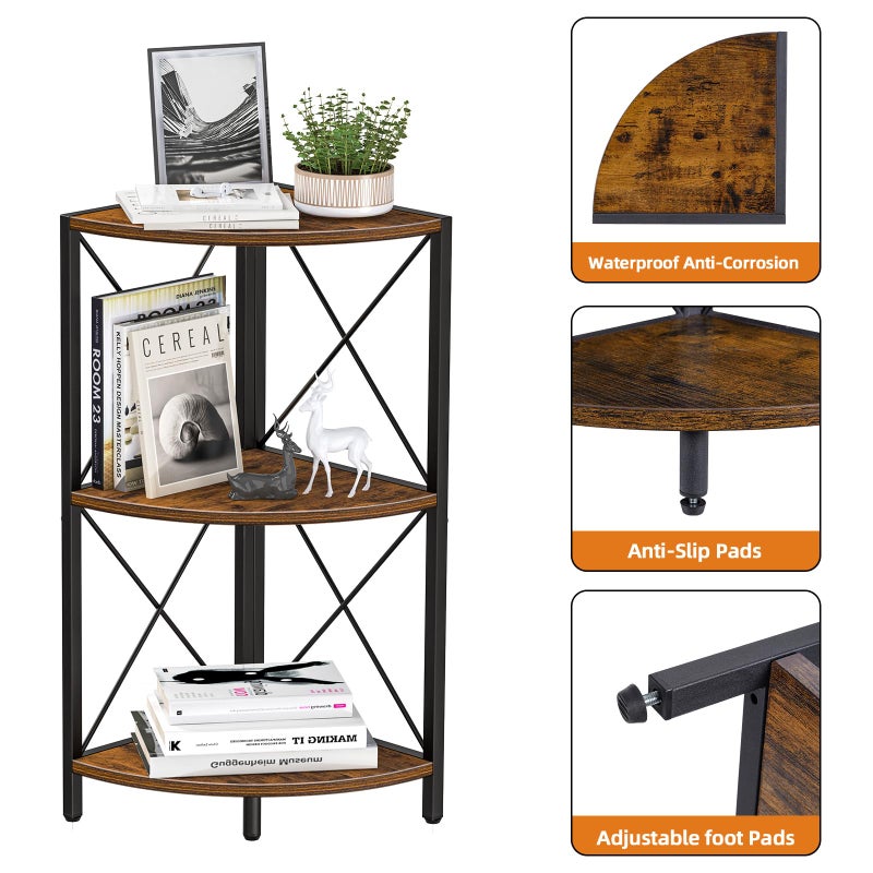 Snughome Corner Shelf with Metal Frame, 3 Tier Rustic Corner Storage Organizer, Freestanding Corner Bookshelf Stand Display Rack for Kitchen, Living Room - Image 4