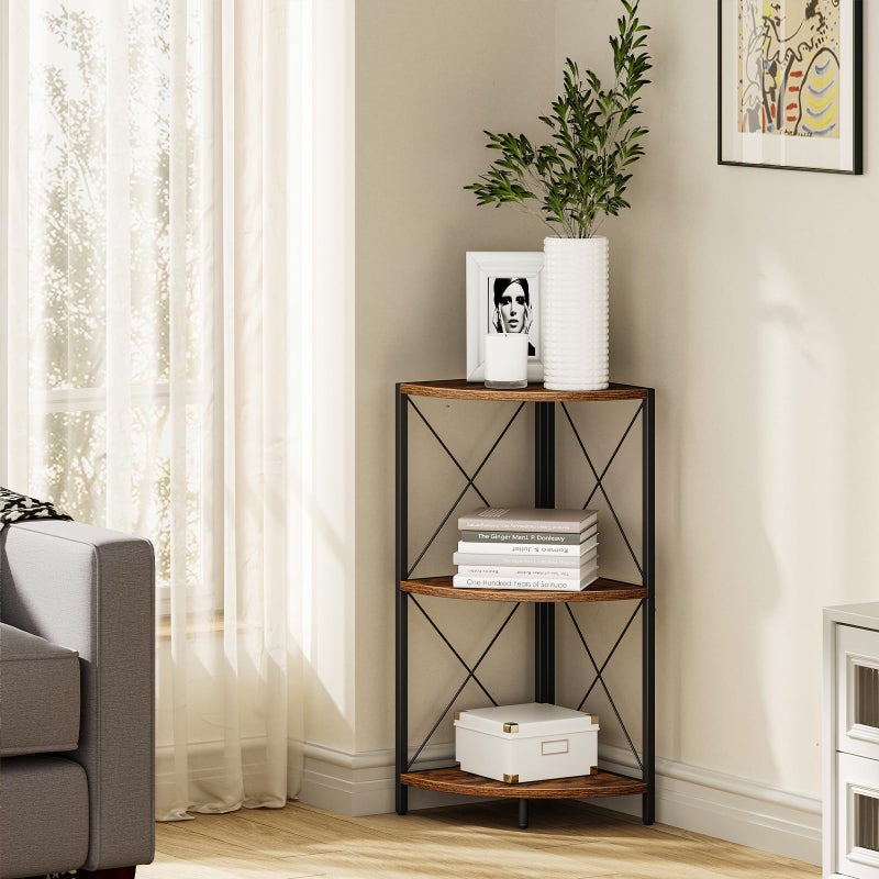 Snughome Corner Shelf with Metal Frame, 3 Tier Rustic Corner Storage Organizer, Freestanding Corner Bookshelf Stand Display Rack for Kitchen, Living Room - Image 2