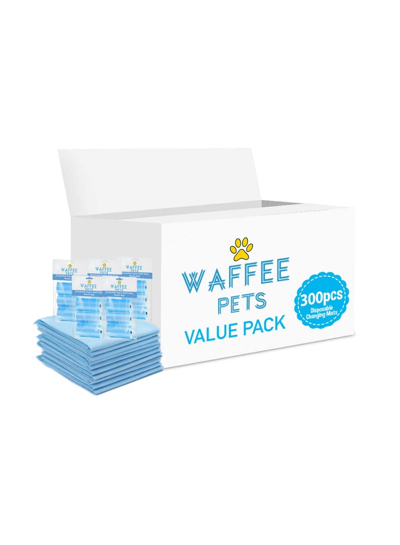 Waffee Waffee Disposable Changing Mat 300 + Pack of 5 Refill BLUE (15 Rolls) 300 Nappy Bags  - Image 1