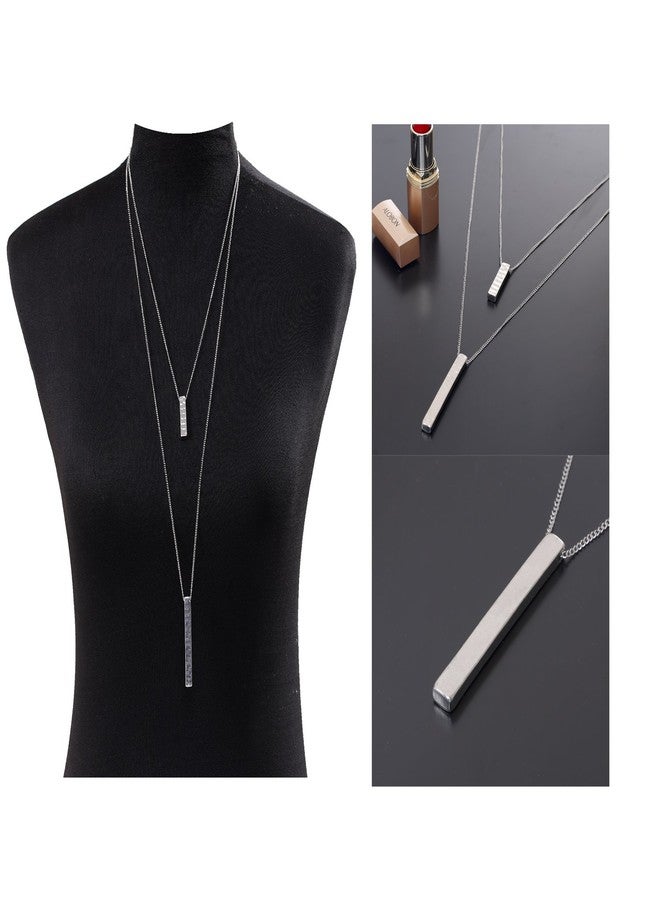 JYJ Women's Long Necklace for Women Layered Hammered Bar Pendant Necklace Multilayer Choker Necklace Y Sweater Necklaces (silver) - Image 2