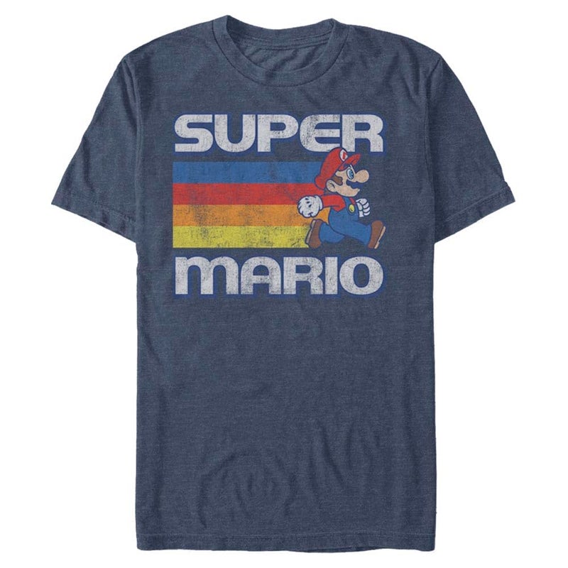 Nintendo Mens Super Mario Running Retro Stripe T-Shirt, Navy Blue Heather, Large US