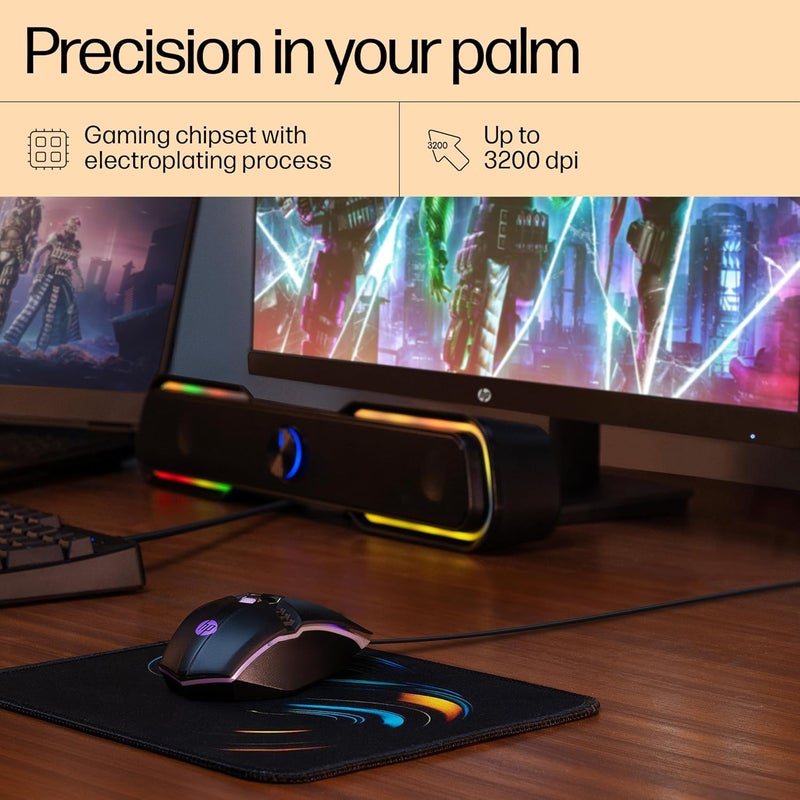HP M270 Backlit USB Wired Gaming Mouse with 6 Buttons, 4-Speed Customizable 2400 DPI, Ergonomic Design, Breathing LED Lighting, Metal Scroll Wheel, Lightweighted / 3 Years Warranty (7ZZ87AA), Black - Image 4