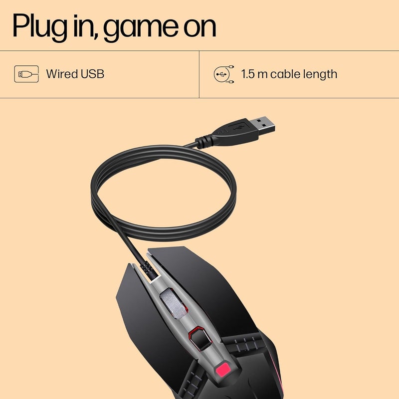 HP M270 Backlit USB Wired Gaming Mouse with 6 Buttons, 4-Speed Customizable 2400 DPI, Ergonomic Design, Breathing LED Lighting, Metal Scroll Wheel, Lightweighted / 3 Years Warranty (7ZZ87AA), Black - Image 3