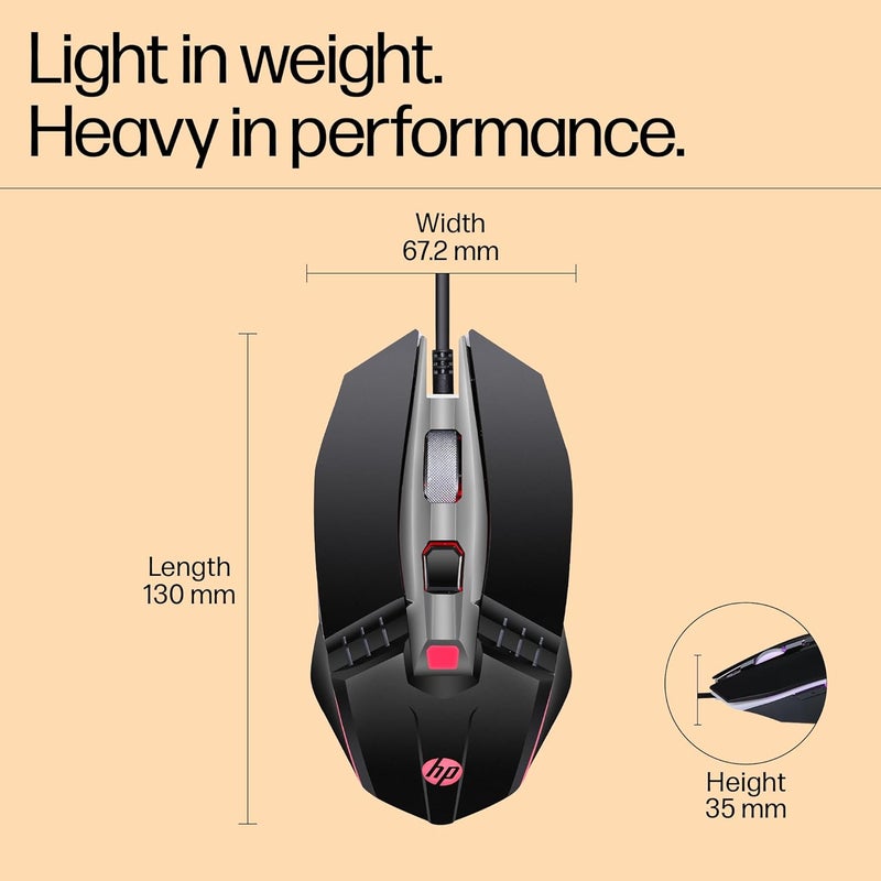 HP M270 Backlit USB Wired Gaming Mouse with 6 Buttons, 4-Speed Customizable 2400 DPI, Ergonomic Design, Breathing LED Lighting, Metal Scroll Wheel, Lightweighted / 3 Years Warranty (7ZZ87AA), Black - Image 2
