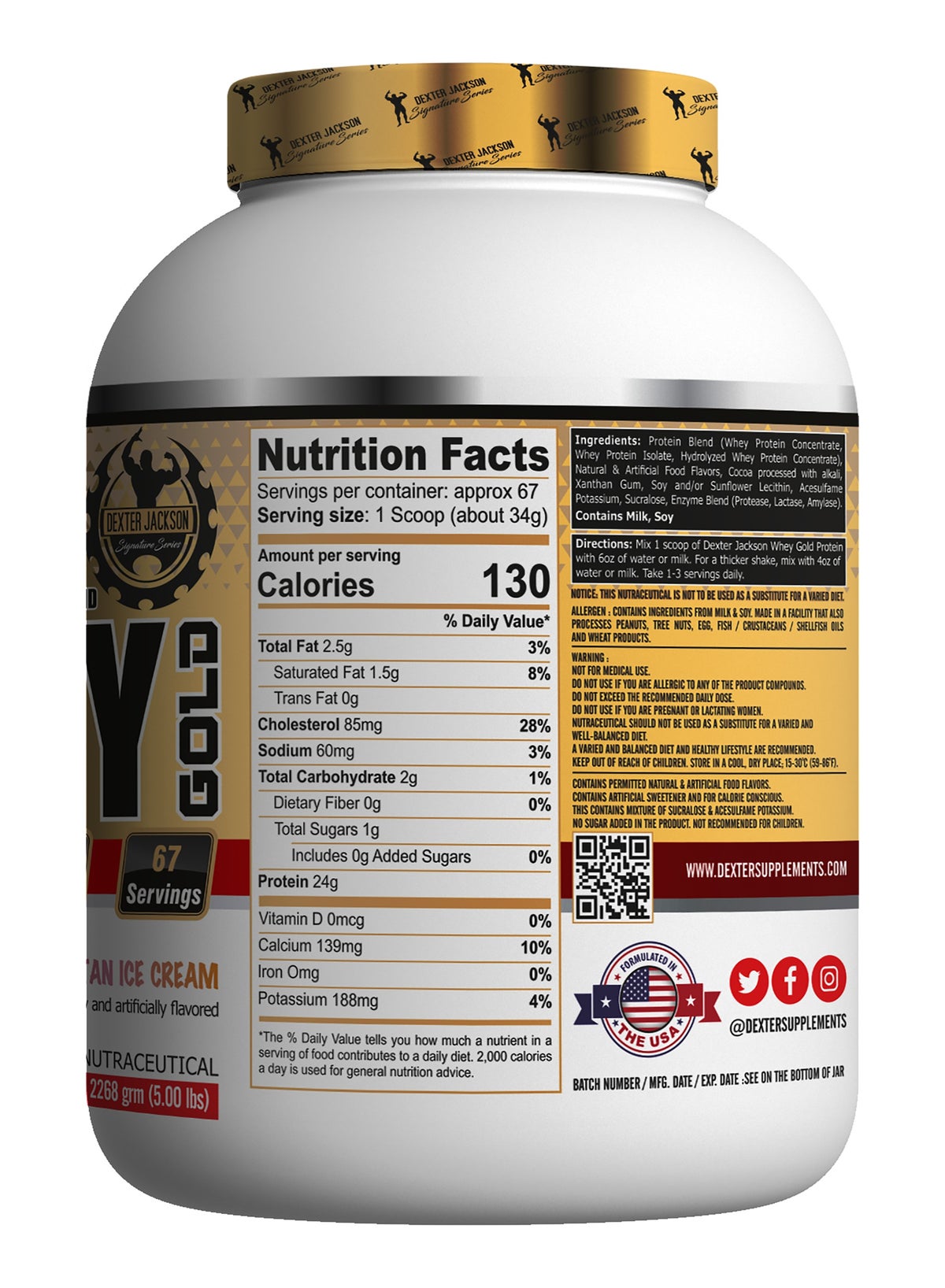 Dexter Jackson Gold Series Whey Gold - Neapolitan Ice Cream, 2268G (5 Lbs), 67 Servings
