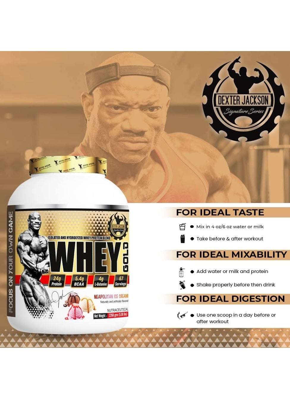 Dexter Jackson Gold Series Whey Gold - Neapolitan Ice Cream, 2268G (5 Lbs), 67 Servings