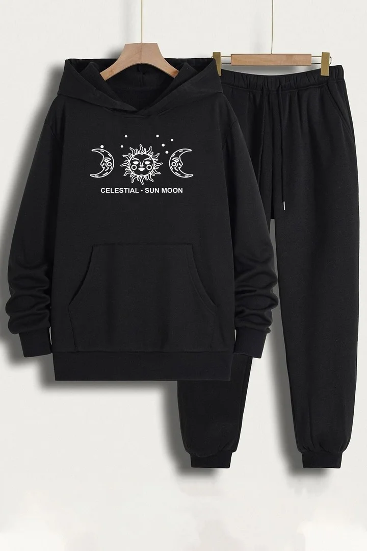 ONLYTRENDWEAR Unisex Celestial Sun Moon Printed Tracksuit Set S.m. Black