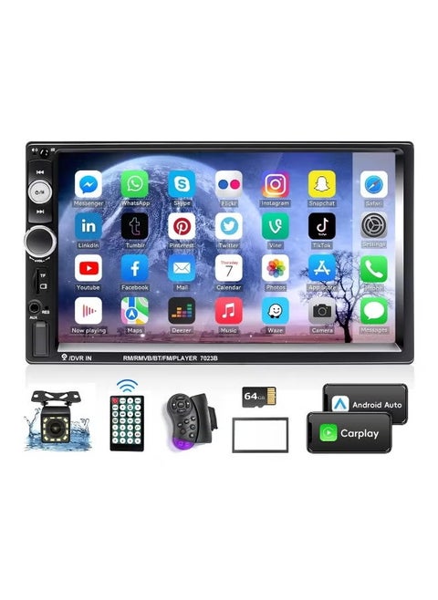 Double Din Car Stereo with Carplay Android Auto, 7 Inch HD Car Touchscreen with 12 LED Backup Camera, Car Audio Receiver, MP5 Player Support Bluetooth Mirror Link SWC, Car Radio Receiver( 64G Card)