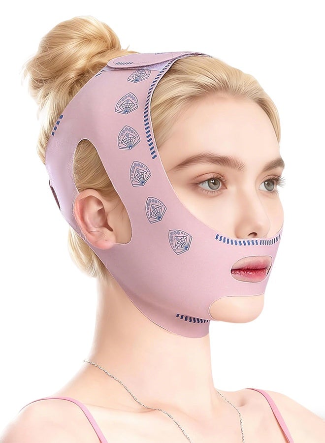 Double Chin Reducer V Line Face Mask Reusable Breathable Chin Strap for Sleeping, Face Slimming Bandage Jaw Trainer for Face Contouring Firming V Shape Lifting Belt for Women and Men Pink - Image 1