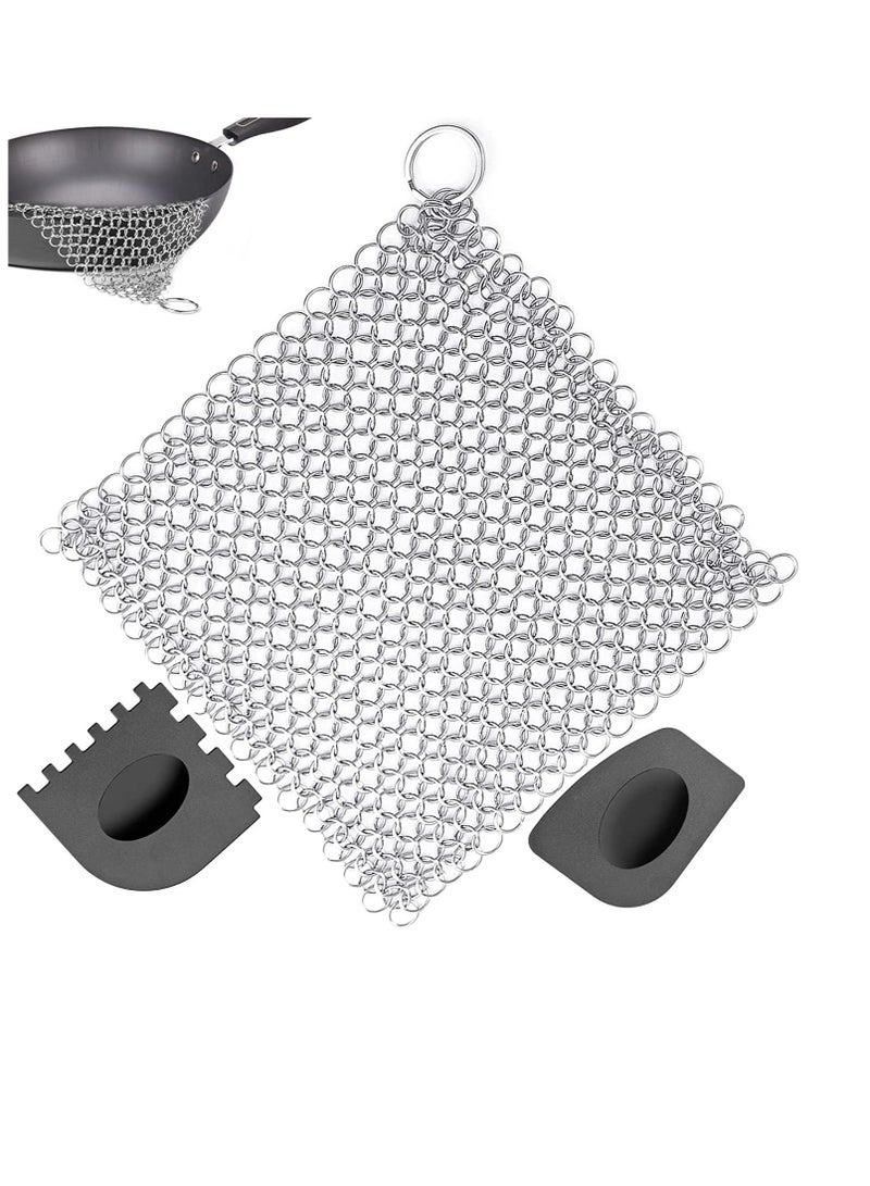 NIBEMINENT مجموعة مكونة من 3 قطع من منظفات الحديد الزهر مع مكشطة شواء بلاستيكية متينة، مجموعة تنظيف 6.7 × بوصة للمقالي أو الشوايات أو المقالي أو المقالي الصينية - Image 1