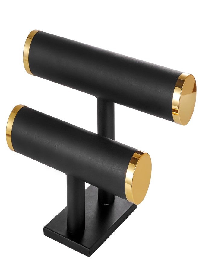 RingsTown Two-layer T-shaped jewelry organizer, made of textured PU leather, suitable for displaying and organizing bracelets, bangles, and watches. (Black and gold) - Image 1
