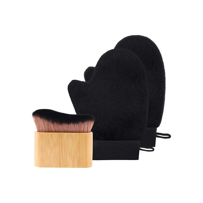3-in-1 Tanning Mitts Self Tanner Mitt Applicator and Brush, Self Tanning Kit with 2 Black Velvet & Waterproof Lined Mitts for Lotion, Mousse, Spray Tan, Sunless Tan, Face & Body