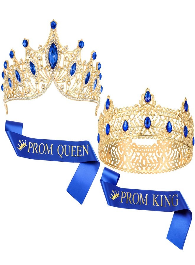 Ferreve 4 Pcs Prom King and Queen Crowns and Sashes Set Graduation Prom King and Queen Tiara Sash for 80's Prom Party Favors(Blue) - Image 1