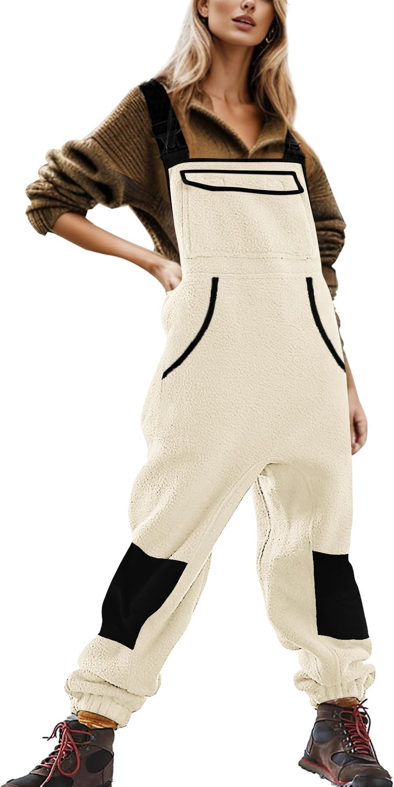Yousify Women Overalls Sherpa Fleece Jumpsuits Fuzzy Winter Outfits 2024 Loose Pants Warm Snow Bibs with Pocket Beige S - Image 4