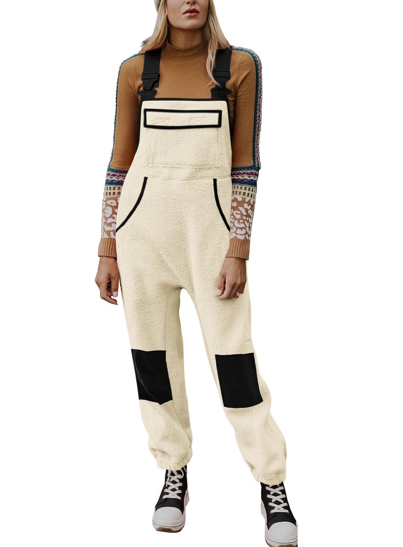 Yousify Women Overalls Sherpa Fleece Jumpsuits Fuzzy Winter Outfits 2024 Loose Pants Warm Snow Bibs with Pocket Beige S - Image 3