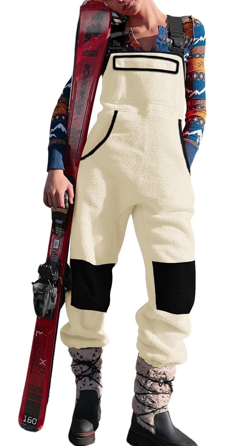 Yousify Women Overalls Sherpa Fleece Jumpsuits Fuzzy Winter Outfits 2024 Loose Pants Warm Snow Bibs with Pocket Beige S - Image 1
