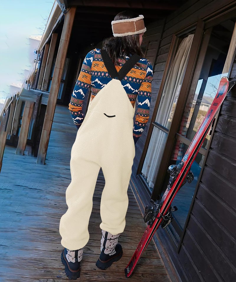 Yousify Women Overalls Sherpa Fleece Jumpsuits Fuzzy Winter Outfits 2024 Loose Pants Warm Snow Bibs with Pocket Beige S - Image 2