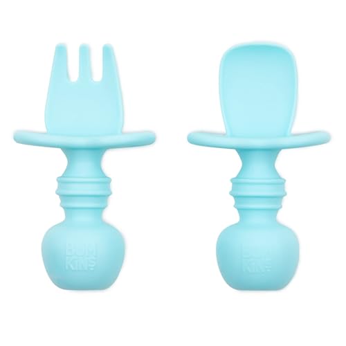 Bumkins Baby Utensils Set, Chewtensils Silicone Spoons for Dipping, Self-Feeding, Baby Led Weaning, Trainer Learning First Stage Eating, Soft Practice Fork and Spoon, Babies 6 Months, Blue - Image 1