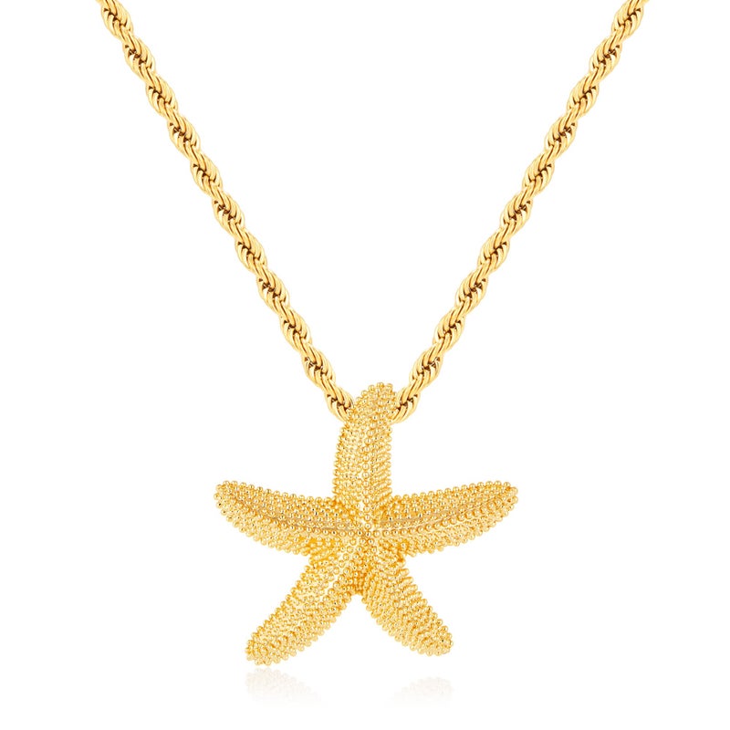 INNERDIVA Gold Starfish Pendant Necklace for Women 14k Gold Plated Summer Beach Beachy Ocean Jewelry Chunky Big Dainty Rope Chain Charm Necklaces Statement Seashell Shell Coastal Vacation Accessories - Image 1