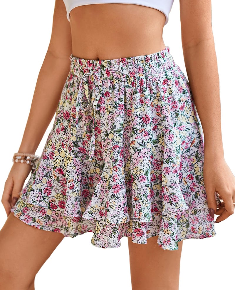 SimpleFun Ruffle Skirts for Women with Shorts Underneath Modest Flowy Skorts Woman Shorts Comfy Floral Pink S - Image 1