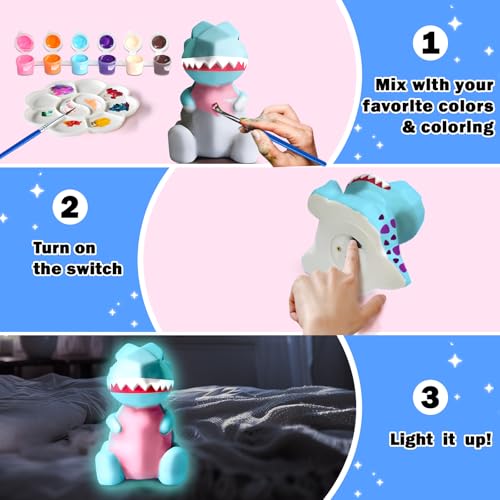 FUNZBO 4.3in Paint Your Own Dinosaur Lamp Kit - Arts and Crafts Supplies Painting Kit for Kids Teens, DIY Night Light Dinosaur Toys for Boys Girls 3 4 5 6 7 8 9 10 11 12 Christmas Birthday Gifts - Image 3