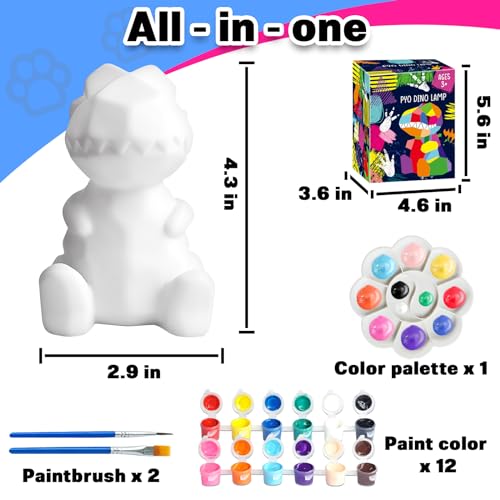 FUNZBO 4.3in Paint Your Own Dinosaur Lamp Kit - Arts and Crafts Supplies Painting Kit for Kids Teens, DIY Night Light Dinosaur Toys for Boys Girls 3 4 5 6 7 8 9 10 11 12 Christmas Birthday Gifts - Image 2