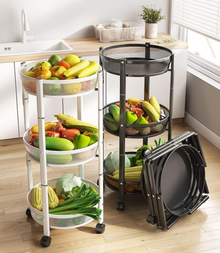Whixant 3Tier Storage Trolley No Assemble Easy Open Fold Metal Kitchen Cart MultiPurpose Rolling Utility Cart with Lockable Wheels Mobile Shelving Organizer for Bedroom Office Laundry Black