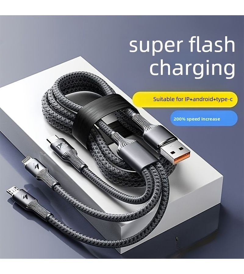 كابل شحن سريع 3 في 1 من Type C إلى USB بقدرة 120 واط، بطول 77-95 بوصة، مصنوع من قماش لامع بشكل دائري، متوافق مع الهواتف الذكية. - Image 1