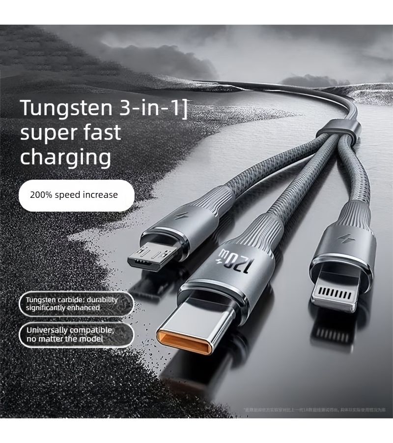 كابل شحن سريع 3 في 1 من Type C إلى USB بقدرة 120 واط، بطول 77-95 بوصة، مصنوع من قماش لامع بشكل دائري، متوافق مع الهواتف الذكية. - Image 3
