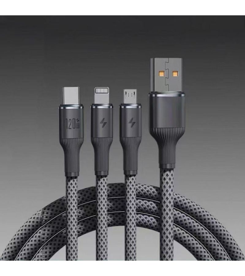 كابل شحن سريع 3 في 1 من Type C إلى USB بقدرة 120 واط، بطول 77-95 بوصة، مصنوع من قماش لامع بشكل دائري، متوافق مع الهواتف الذكية. - Image 5