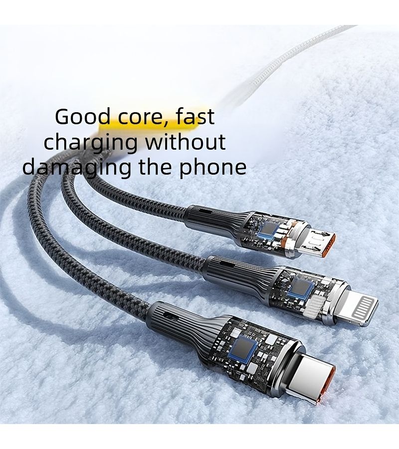كابل شحن سريع 3 في 1 من Type C إلى USB بقدرة 120 واط، بطول 77-95 بوصة، مصنوع من قماش لامع بشكل دائري، متوافق مع الهواتف الذكية. - Image 4