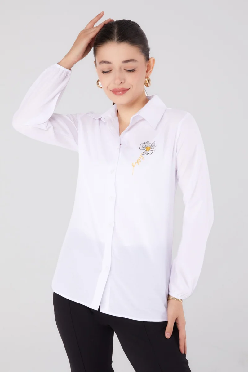 Tofisa Plain Shirt Collar Women's White Printed Shirt - 13343